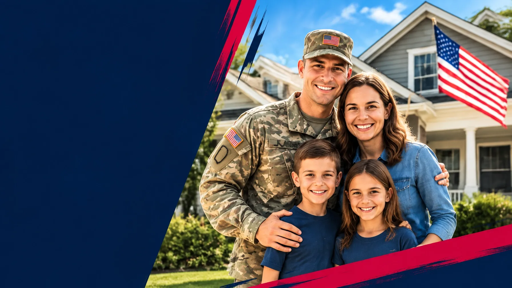 A veteran family standing in front of their home with an American flag
